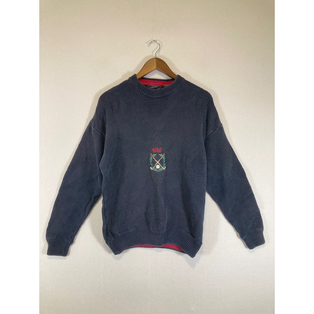 Old Money Woods & Gray Mens Medium Navy Blue Embroidered Golf Textured Sweater